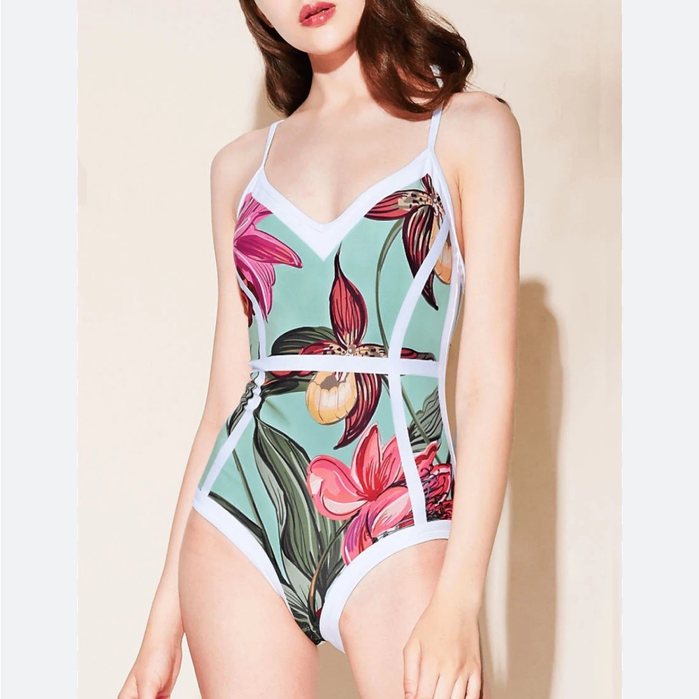 Women’s One piece Swimsuit Floral with White Trim